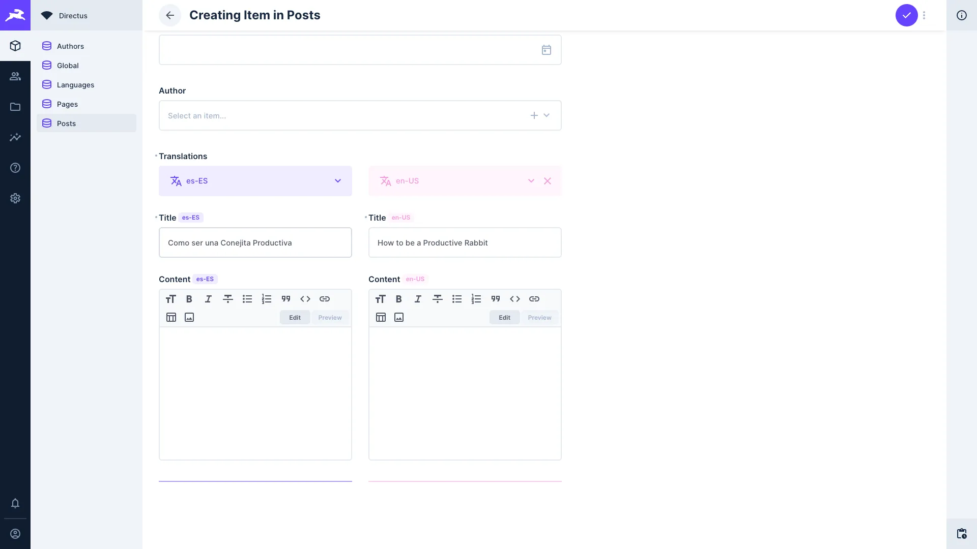 Creating a post with a title in both Spanish and English