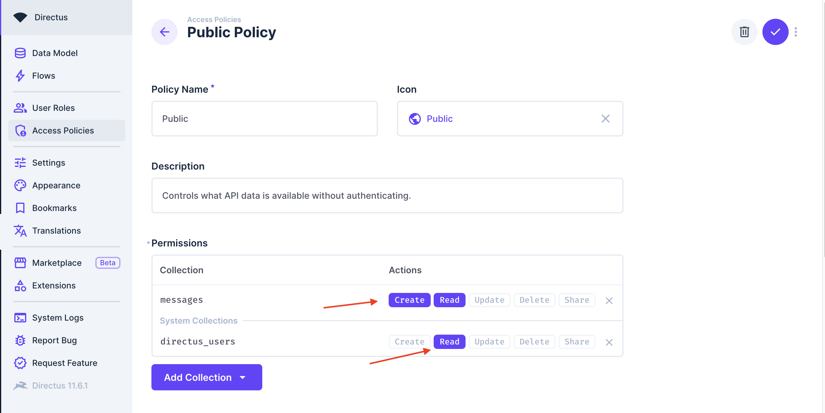 Public policy for messages and directus_user 