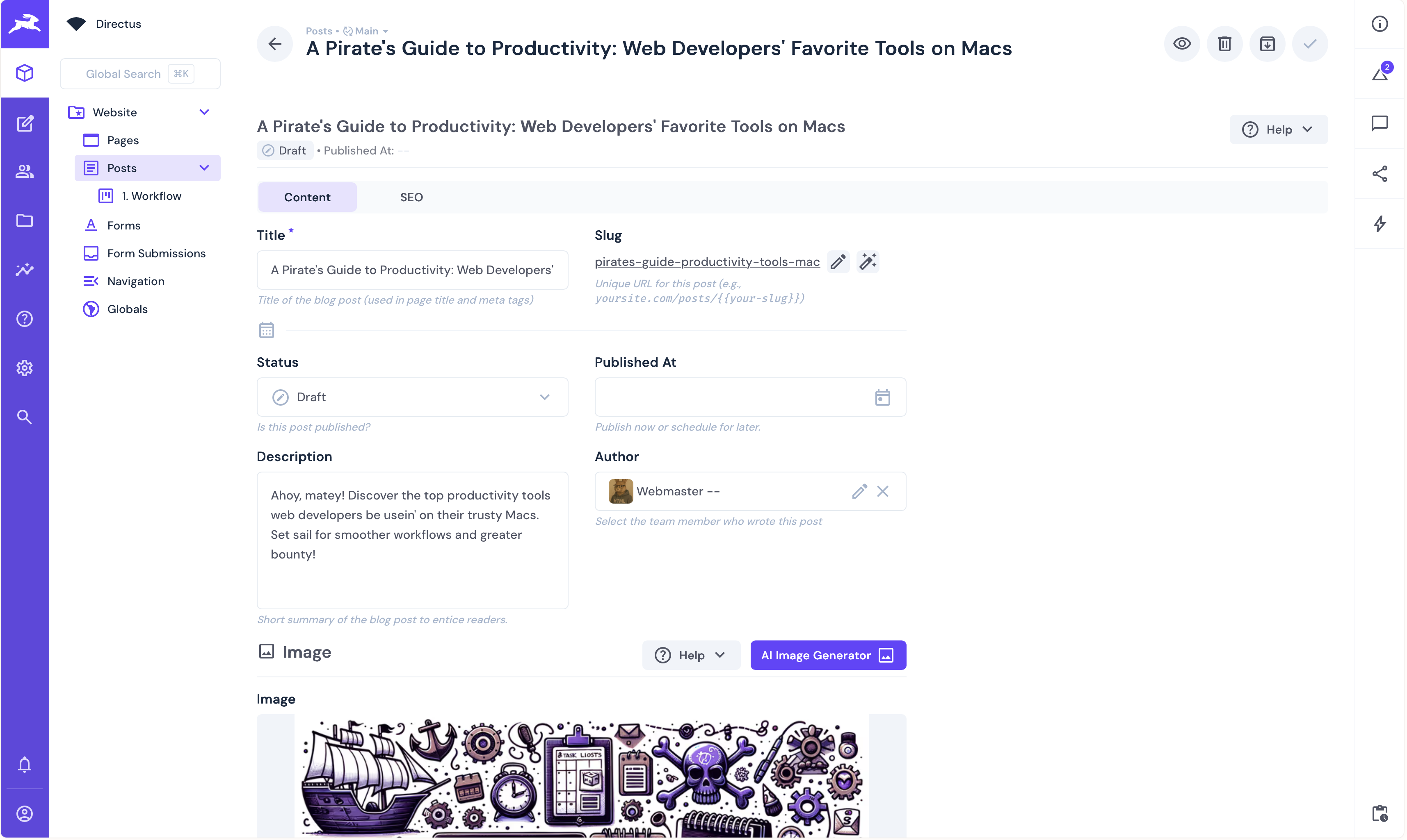 Screenshot of the post's filled in fields in Directus