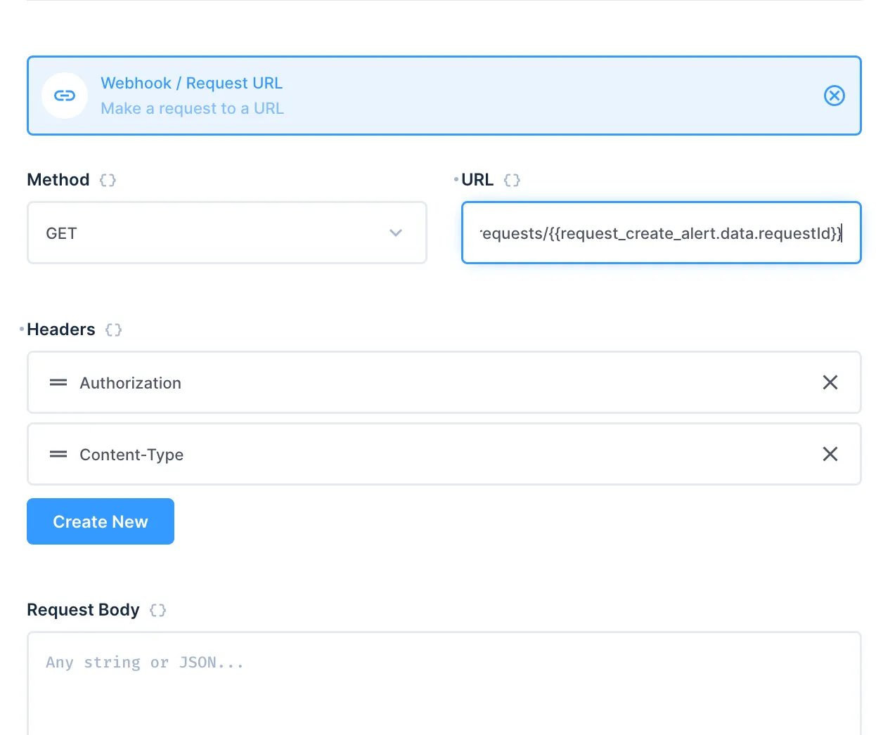 A simple GET webrequest with a dynamic value as part of the request URL. The values is using data from another Flow operation and accessed by using the mustache syntax.