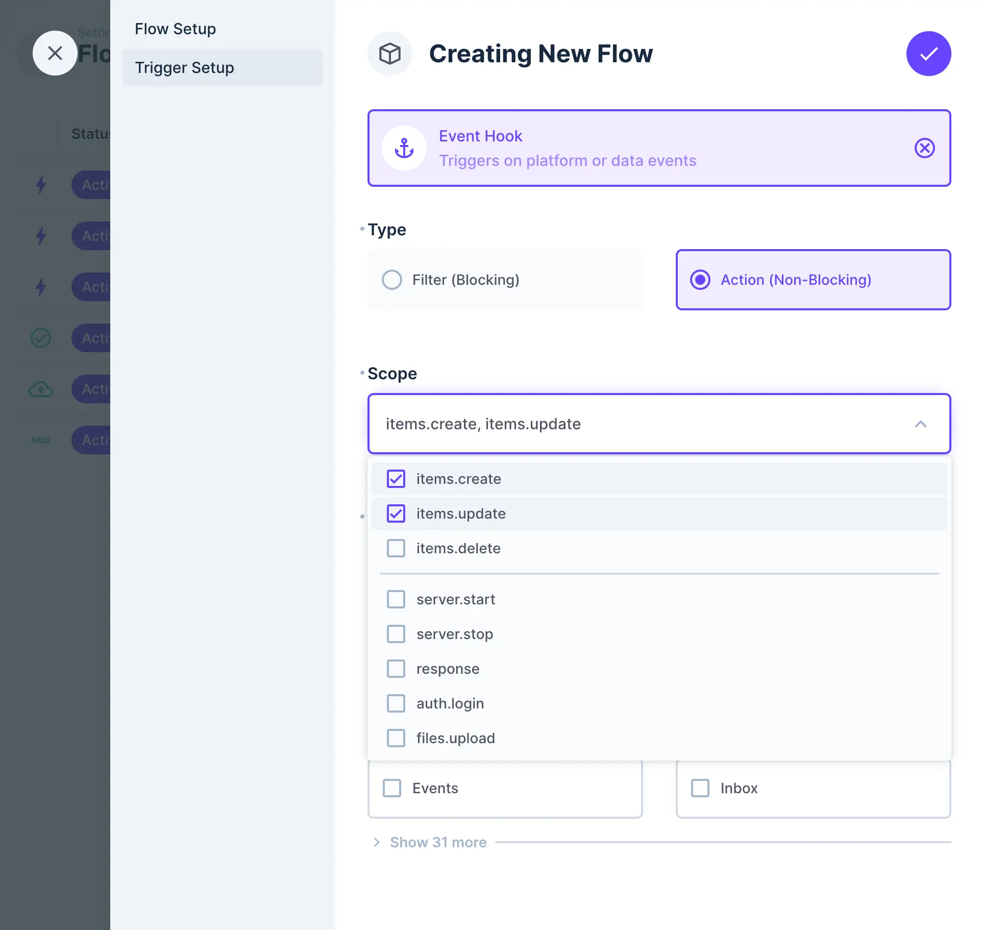 The trigger setup tab of the creating new flow interface is show. The event hook type is selected. The type field value is "Action(Non-Blocking)". In the scope field, "items.create" and "items.update" are selected.