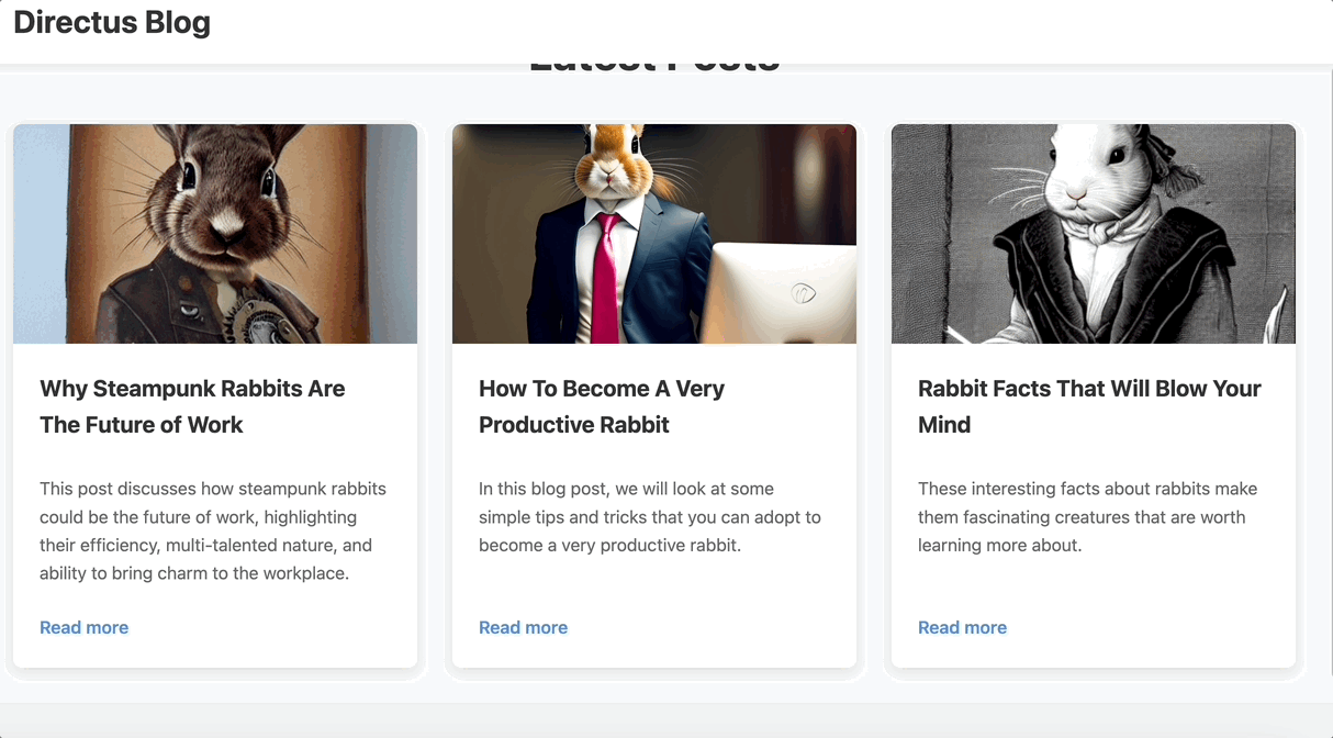 image showing the homepage with blogs fetched from Directus