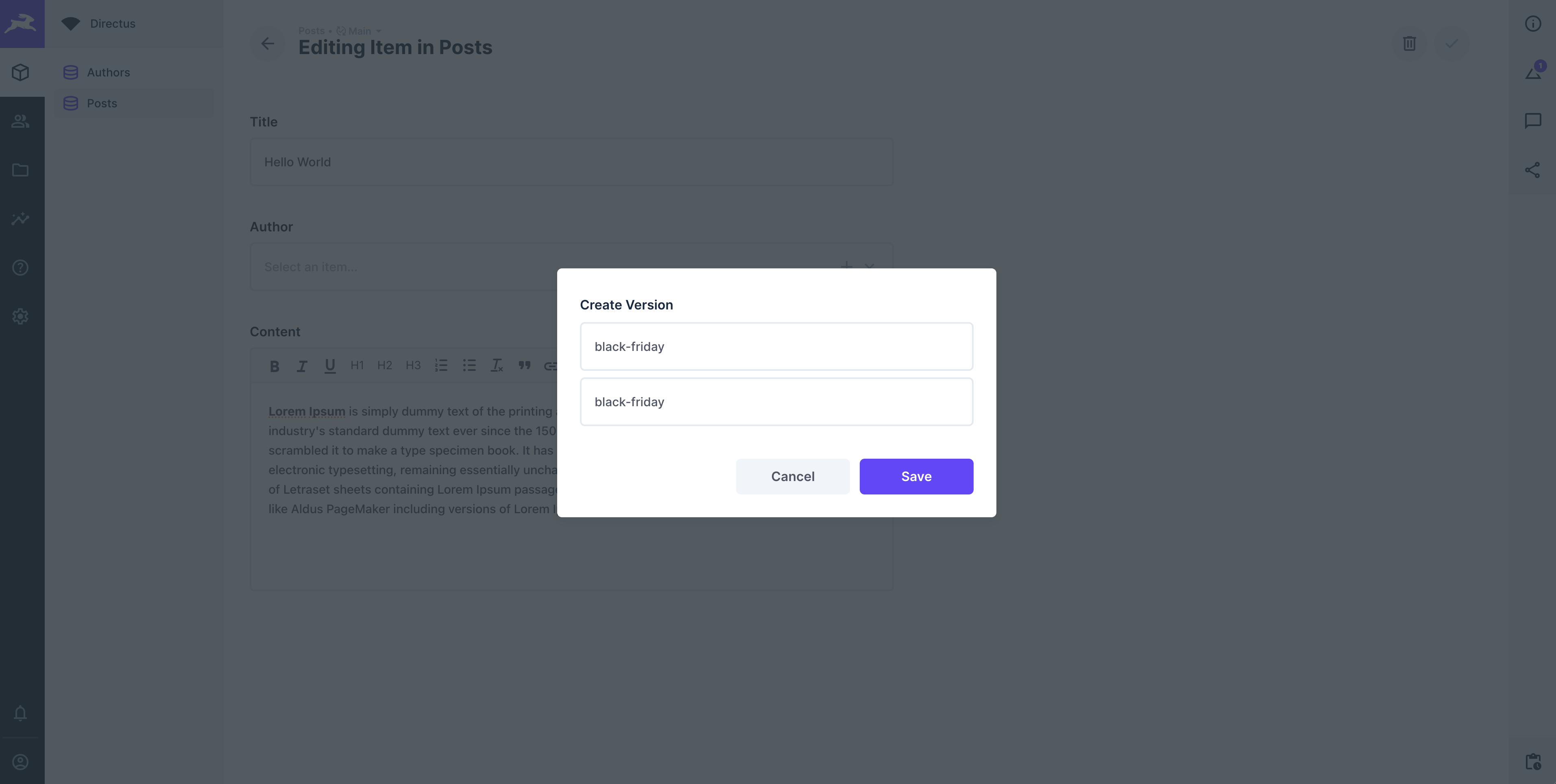 Creating a new version in the content module